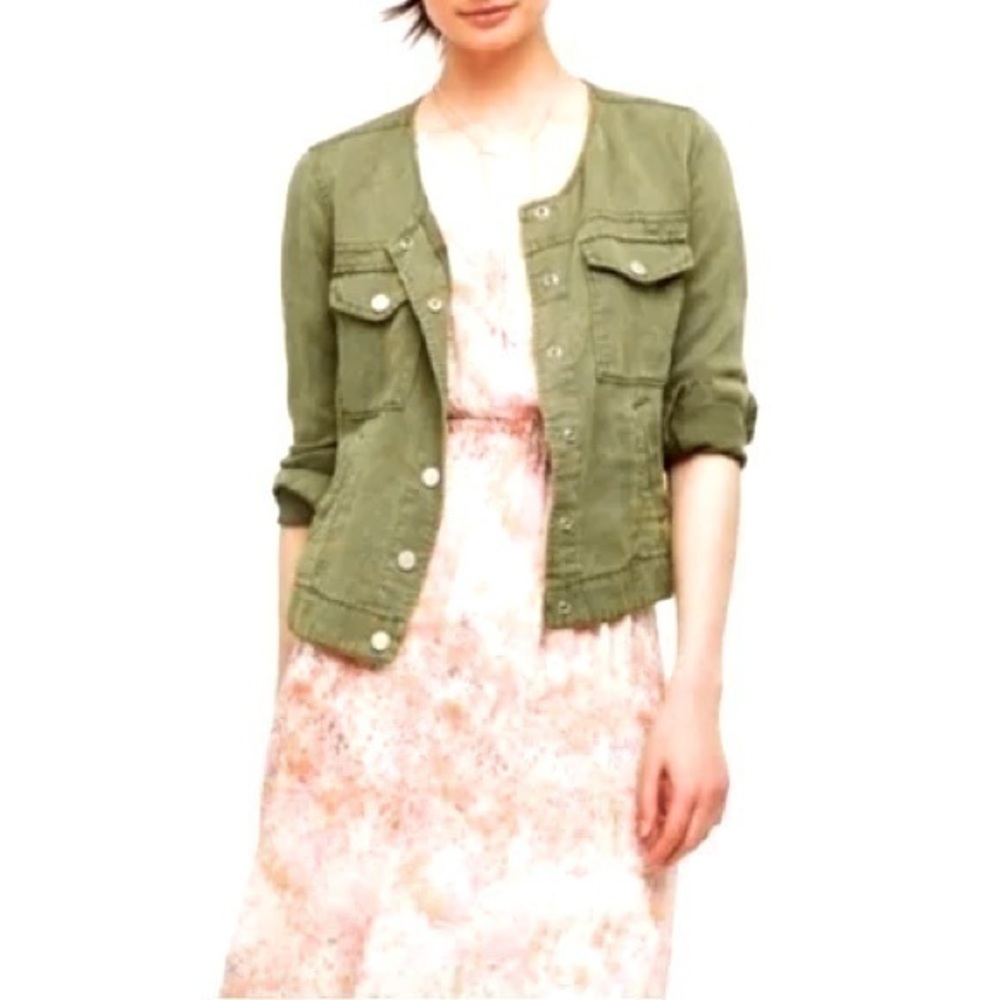 Sanctuary Anthropologie Tencel Linen Snap Cropped Military Utility Green Jacket